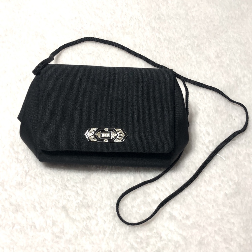 BLACK DRESSY CLUTCH BAG WITH BRAIDED STRAP RHINESTONES EXLT Condition